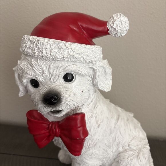 Christmas Dog Figurine Santa Hat Red Bow Holiday Decor White Puppy Statue - Picture 4 of 13